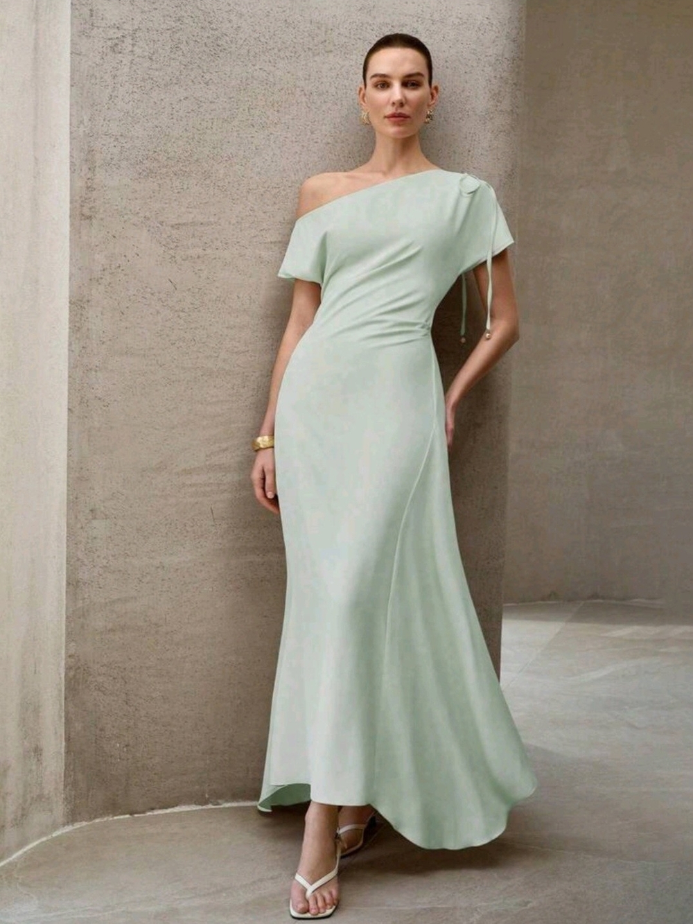 MOTF One-Shoulder Mint Green Gown with Shoulder Tie